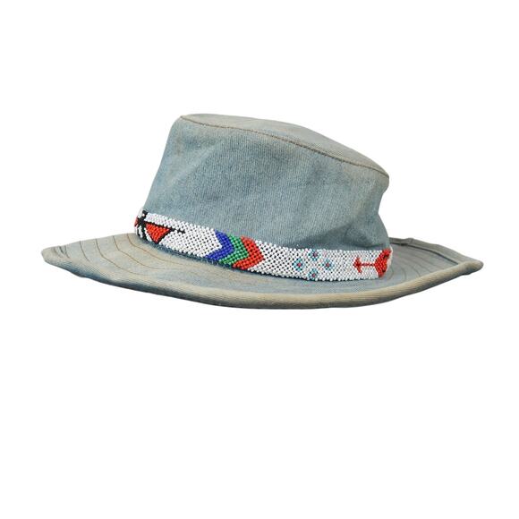 Vintage 90s Liz Claiborne Blue Denim Jean Wide Brim Hat Beaded Trim - Picture 1 of 8